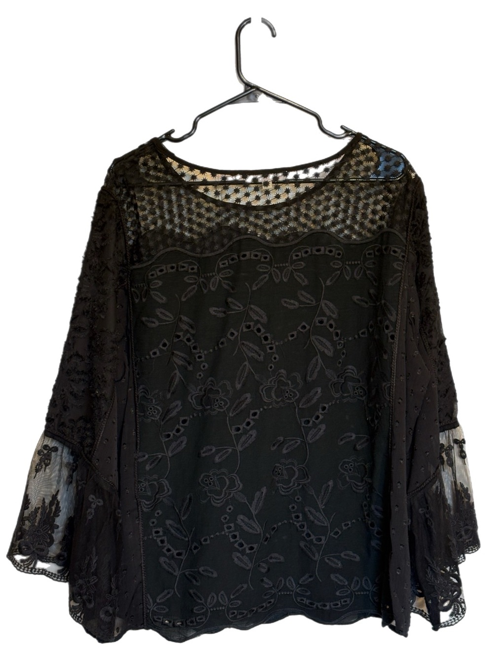 Black Lace Embroidered 100% Cotton Long-Sleeve Blouse Bohemian